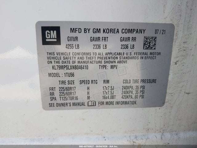 Продаж на аукціоні авто 2022 Chevrolet Trailblazer Fwd Lt, vin: KL79MPSLXNB046410, номер лоту: 45793027