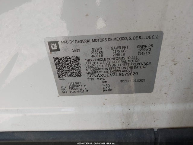 Aukcja sprzedaży 2020 Chevrolet Equinox Awd Lt 1.5l Turbo, vin: 3GNAXUEV3LS579629, numer aukcji: 45793035