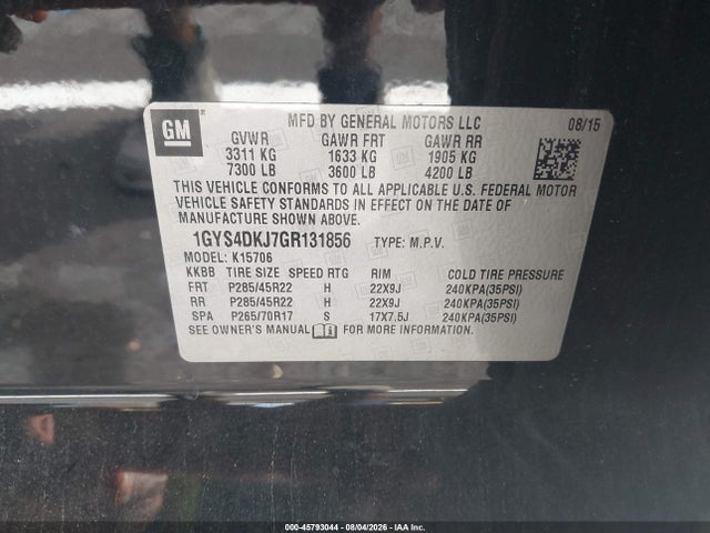 45793044 :رقم المزاد ، 1GYS4DKJ7GR131856 vin ، 2016 Cadillac Escalade Platinum مزاد بيع