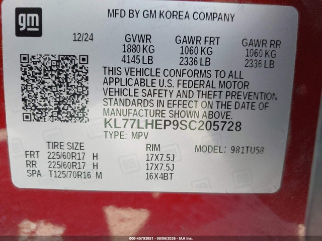 Aukcja sprzedaży 2025 Chevrolet Trax Fwd Lt, vin: KL77LHEP9SC205728, numer aukcji: 45793051