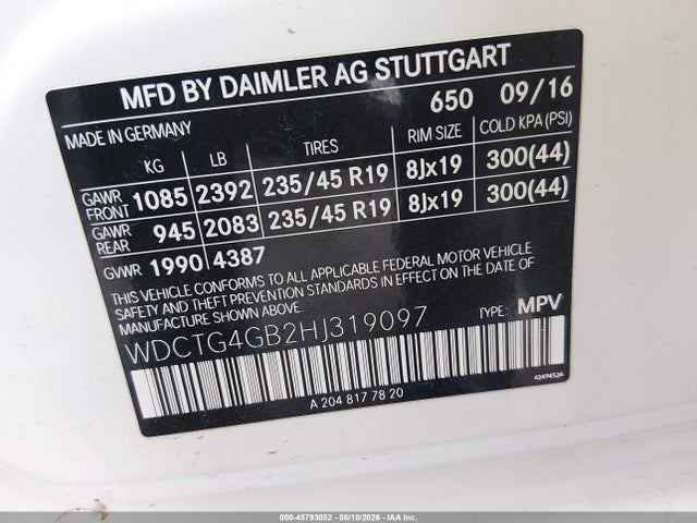 45793052 :رقم المزاد ، WDCTG4GB2HJ319097 vin ، 2017 Mercedes-benz Gla 250 4matic مزاد بيع