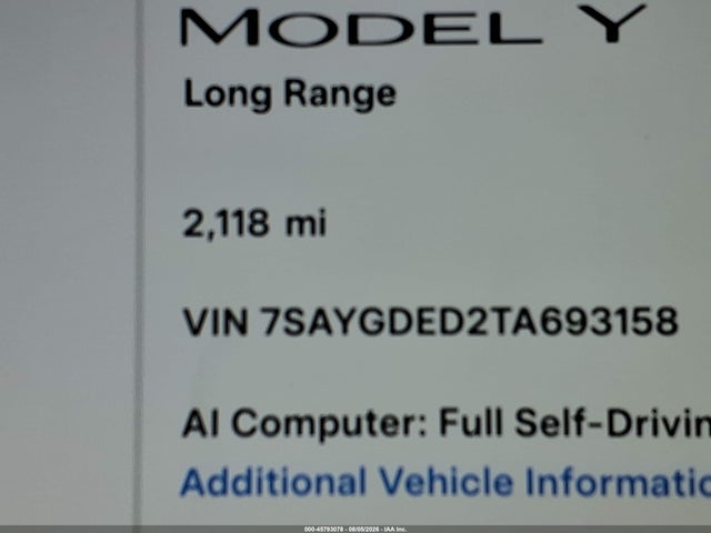 Продаж на аукціоні авто 2026 Tesla Model Y Premium Rear-wheel Drive/rear-wheel Drive, vin: 7SAYGDED2TA693158, номер лоту: 45793078