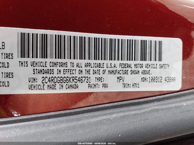 Продаж на аукціоні авто 2019 Dodge Grand Caravan Se, vin: 2C4RDGBG6KR546731, номер лоту: 45793080