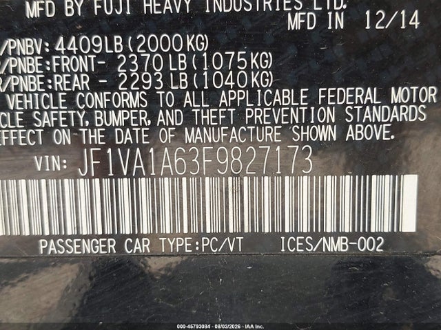 2015 Subaru Wrx მანქანა იყიდება აუქციონზე, vin: JF1VA1A63F9827173, აუქციონის ნომერი: 45793084