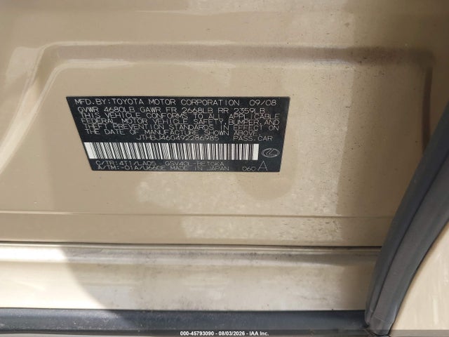Aukcja sprzedaży 2009 Lexus Es 350, vin: JTHBJ46G492286985, numer aukcji: 45793090