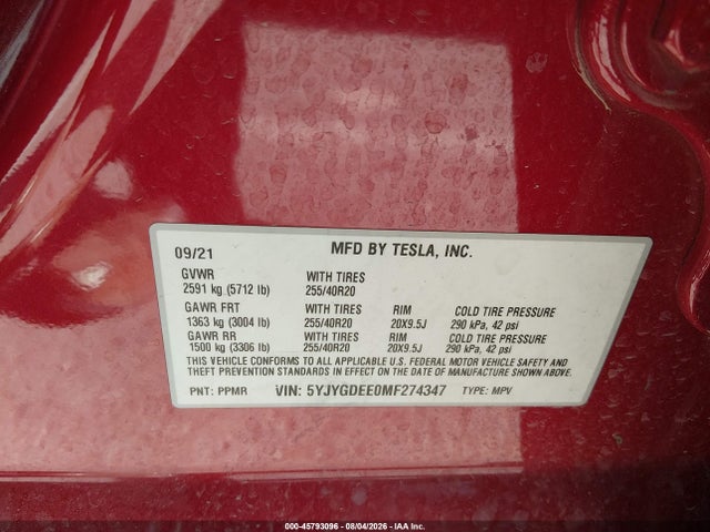 Продаж на аукціоні авто 2021 Tesla Model Y Long Range Dual Motor All-wheel Drive, vin: 5YJYGDEE0MF274347, номер лоту: 45793096