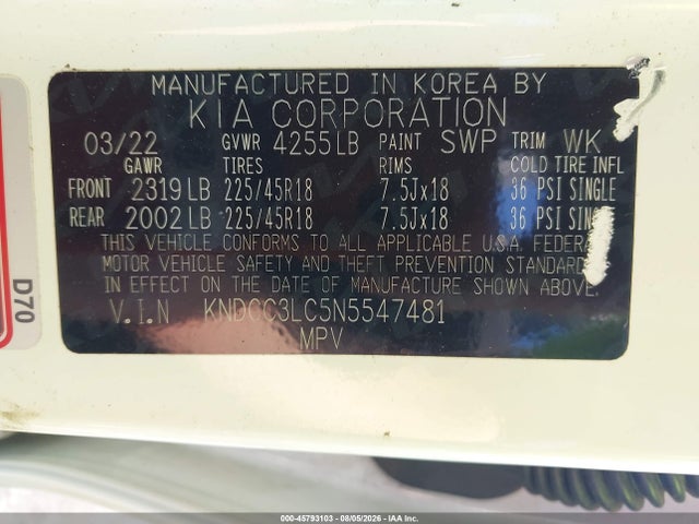 Aukcja sprzedaży 2022 Kia Niro Touring Se, vin: KNDCC3LC5N5547481, numer aukcji: 45793103
