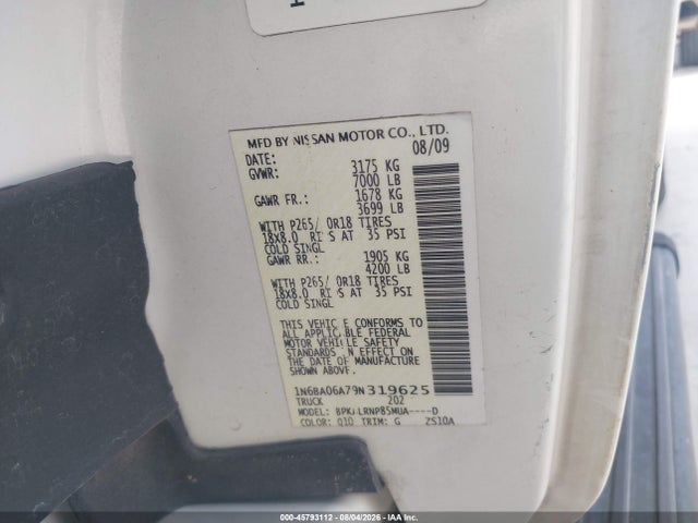 Продажа на аукционе авто 2009 Nissan Titan Xe, vin: 1N6BA06A79N319625, номер лота: 45793112