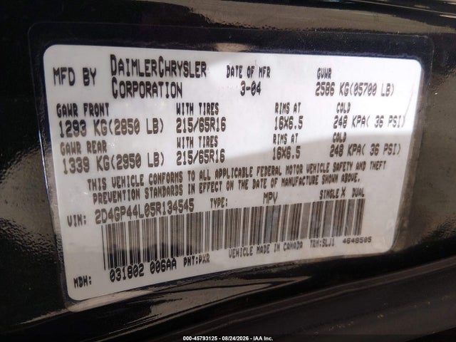 45793125 :رقم المزاد ، 2D4GP44L05R134545 vin ، 2005 Dodge Grand Caravan Sxt مزاد بيع