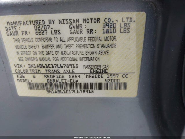 Продажа на аукционе авто 2007 Nissan Sentra 2.0s, vin: 3N1AB61E17L678915, номер лота: 45793131
