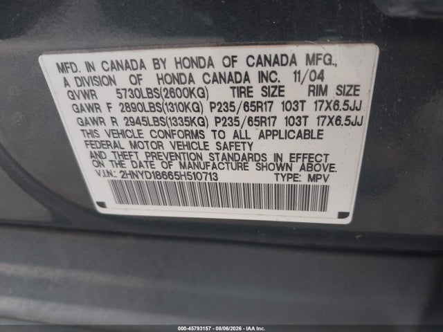 45793157 :رقم المزاد ، 2HNYD18665H510713 vin ، 2005 Acura Mdx مزاد بيع