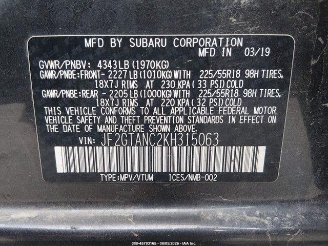 45793165 :رقم المزاد ، JF2GTANC2KH315063 vin ، 2019 Subaru Crosstrek 2.0i Limited مزاد بيع