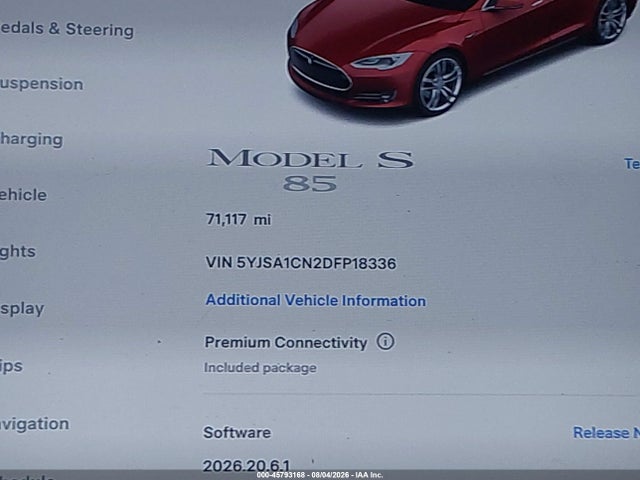 2013 Tesla Model S მანქანა იყიდება აუქციონზე, vin: 5YJSA1CN2DFP18336, აუქციონის ნომერი: 45793168