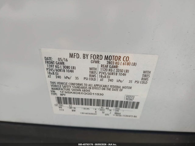 Ford EXPLORER XLT 2016 1FM5K8D8XGGD11530 Image 9
