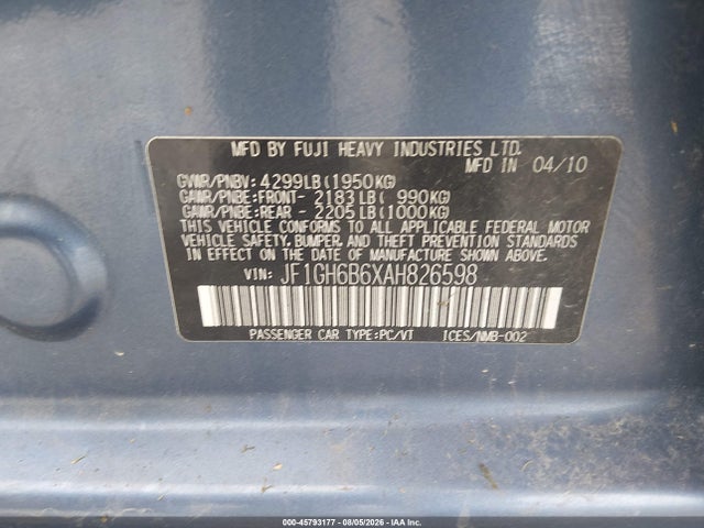 2010 Subaru Impreza 2.5i Premium მანქანა იყიდება აუქციონზე, vin: JF1GH6B6XAH826598, აუქციონის ნომერი: 45793177