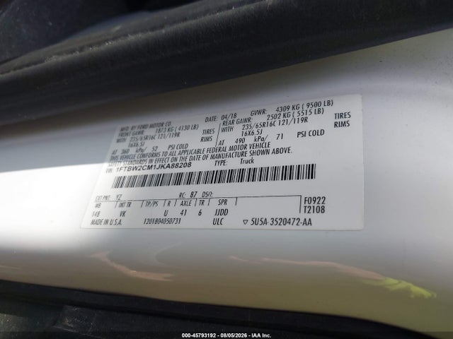 45793192 :رقم المزاد ، 1FTBW2CM1JKA88208 vin ، 2018 Ford Transit-350 مزاد بيع