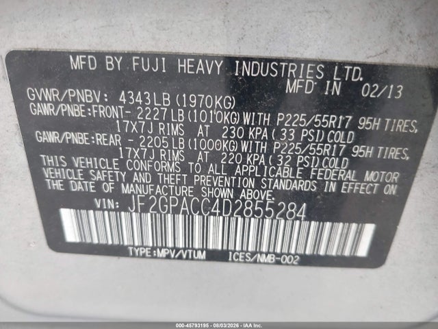 45793195 :رقم المزاد ، JF2GPACC4D2855284 vin ، 2013 Subaru Xv Crosstrek 2.0i Premium مزاد بيع