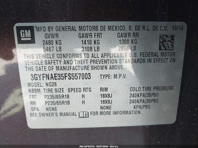Продаж на аукціоні авто 2015 Cadillac Srx Standard, vin: 3GYFNAE35FS557003, номер лоту: 45793216
