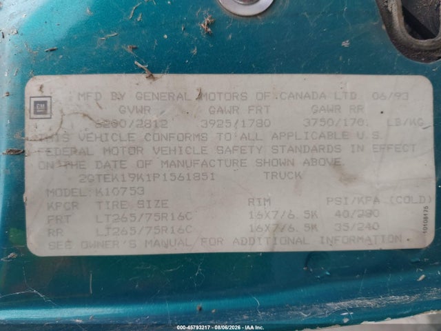 Продаж на аукціоні авто 1993 Gmc Sierra K1500, vin: 2GTEK19K1P1561851, номер лоту: 45793217