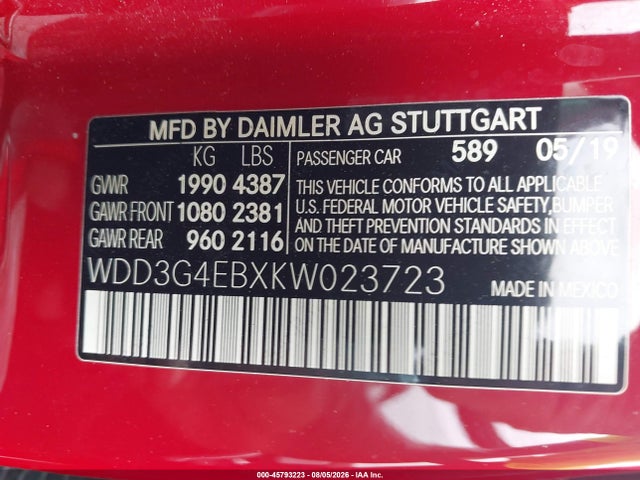 45793223 :رقم المزاد ، WDD3G4EBXKW023723 vin ، 2019 Mercedes-benz A 220 مزاد بيع
