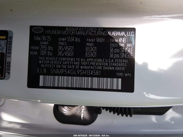 Aukcja sprzedaży 2025 Hyundai Santa Fe Calligraphy, vin: 5NMP54GL9SH134581, numer aukcji: 45793228