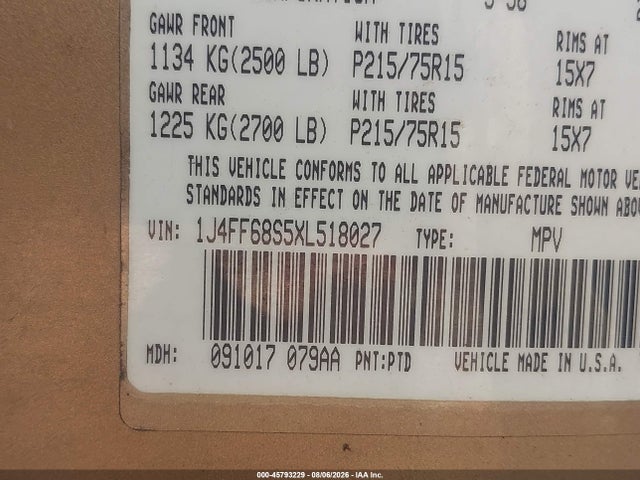 45793229 :رقم المزاد ، 1J4FF68S5XL518027 vin ، 1999 Jeep Cherokee Classic/sport مزاد بيع