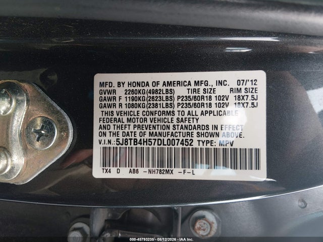45793235 :رقم المزاد ، 5J8TB4H57DL007452 vin ، 2013 Acura Rdx مزاد بيع