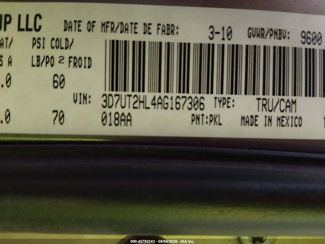 45793243 :رقم المزاد ، 3D7UT2HL4AG167306 vin ، 2010 Dodge Ram 2500 Laramie مزاد بيع