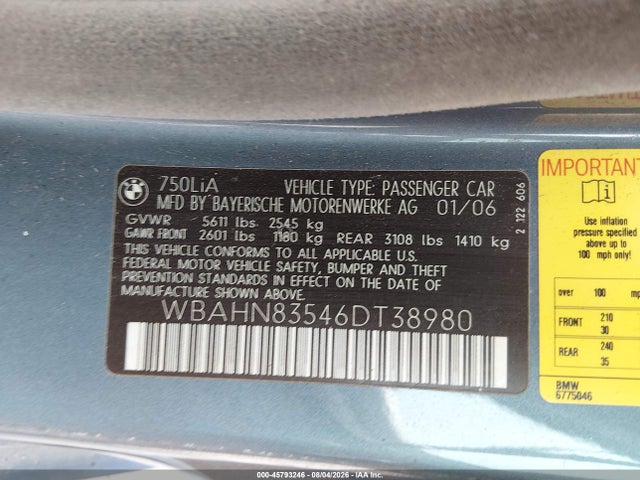 Продаж на аукціоні авто 2006 Bmw 750li, vin: WBAHN83546DT38980, номер лоту: 45793246