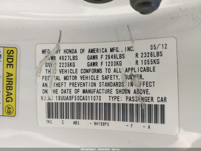 45793247 :رقم المزاد ، 19UUA9F50CA011070 vin ، 2012 Acura Tl 3.7 مزاد بيع