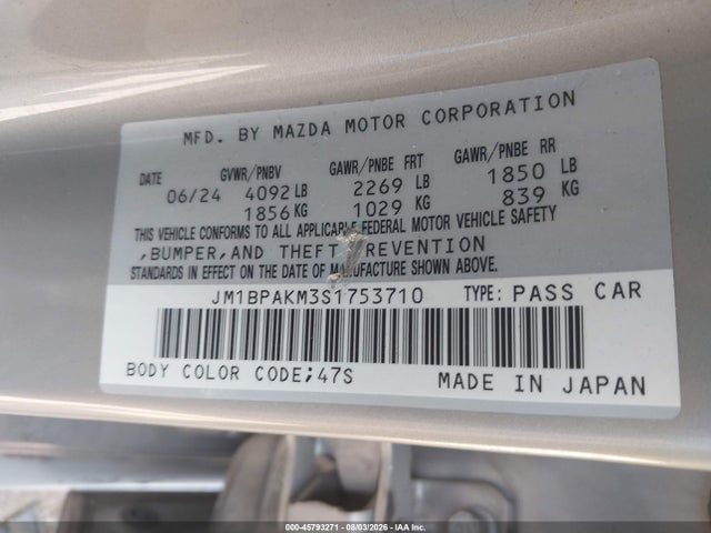 Aukcja sprzedaży 2025 Mazda Mazda3, vin: JM1BPAKM3S1753710, numer aukcji: 45793271
