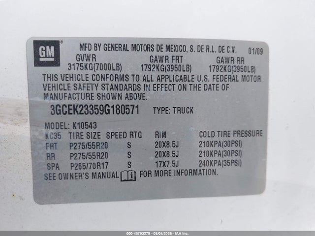 Продаж на аукціоні авто 2009 Chevrolet Silverado K1500 Lt, vin: 3GCEK23359G180571, номер лоту: 45793279