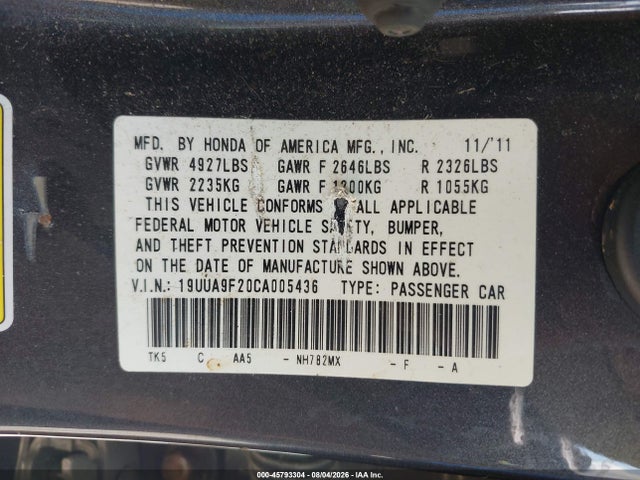 Продаж на аукціоні авто 2012 Acura Tl 3.7, vin: 19UUA9F20CA005436, номер лоту: 45793304