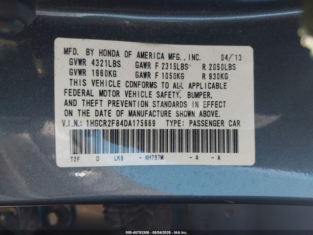 Продаж на аукціоні авто 2013 Honda Accord Ex-l, vin: 1HGCR2F84DA175669, номер лоту: 45793306