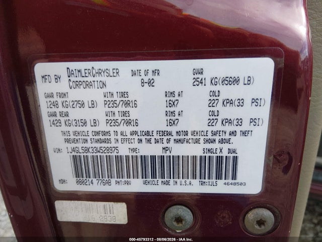 45793312 :رقم المزاد ، 1J4GL58K33W528975 vin ، 2003 Jeep Liberty Limited Edition مزاد بيع