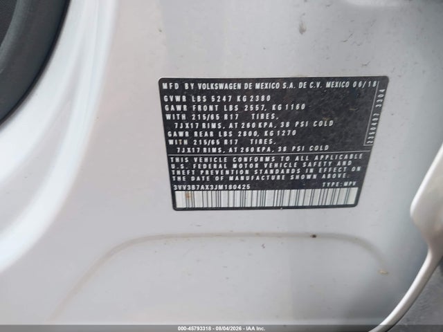 Auction sale of the 2018 Volkswagen Tiguan 2.0t Se/2.0t Sel, vin: 3VV3B7AX3JM180425, lot number: 45793318