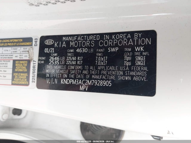 45793325 :رقم المزاد ، KNDPM3AC2M7928905 vin ، 2021 Kia Sportage Lx مزاد بيع