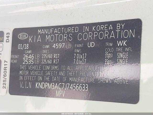 Aukcja sprzedaży 2018 Kia Sportage Lx, vin: KNDPM3AC7J7456633, numer aukcji: 45793326