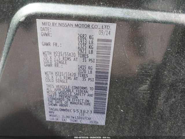 2014 Infiniti Qx60 მანქანა იყიდება აუქციონზე, vin: 5N1AL0MM9EC553823, აუქციონის ნომერი: 45793336
