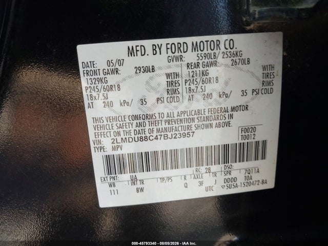 Aukcja sprzedaży 2007 Lincoln Mkx, vin: 2LMDU88C47BJ23957, numer aukcji: 45793340
