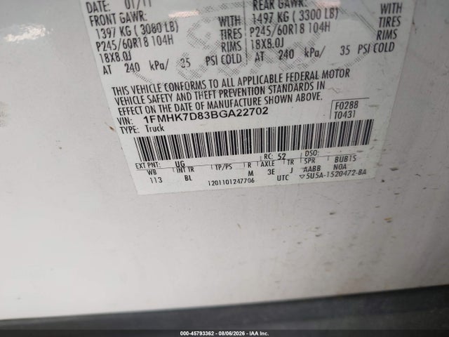 Продажа на аукционе авто 2011 Ford Explorer Xlt, vin: 1FMHK7D83BGA22702, номер лота: 45793362