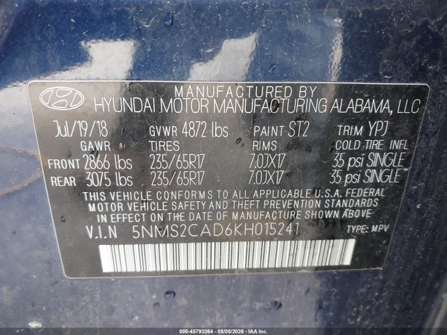45793364 :رقم المزاد ، 5NMS2CAD6KH015241 vin ، 2019 Hyundai Santa Fe Se مزاد بيع