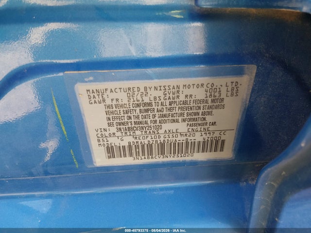 Продаж на аукціоні авто 2022 Nissan Sentra Sv Xtronic Cvt, vin: 3N1AB8CV3NY251020, номер лоту: 45793375