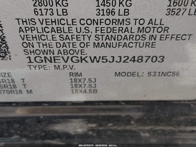 Aukcja sprzedaży 2018 Chevrolet Traverse Lt Cloth, vin: 1GNEVGKW5JJ248703, numer aukcji: 45793378