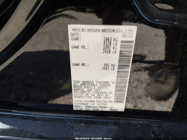 Продажа на аукционе авто 2021 Nissan Altima Sv Fwd, vin: 1N4BL4DV6MN362636, номер лота: 45793379
