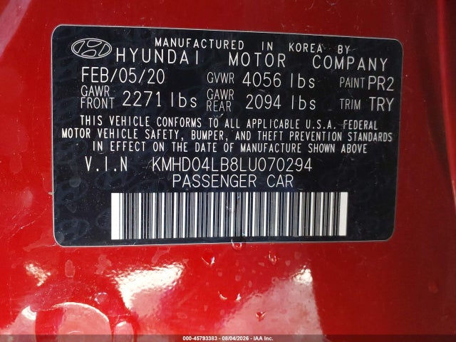 Продаж на аукціоні авто 2020 Hyundai Elantra Sport, vin: KMHD04LB8LU070294, номер лоту: 45793383