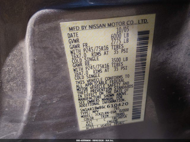 Aukcja sprzedaży 2006 Nissan Pathfinder S, vin: 5N1AR18W86C610420, numer aukcji: 45793404