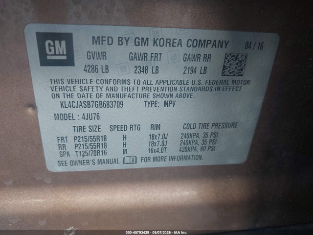 Продаж на аукціоні авто 2016 Buick Encore, vin: KL4CJASB7GB683709, номер лоту: 45793439