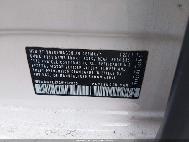 2012 Volkswagen Golf Tdi 4-door მანქანა იყიდება აუქციონზე, vin: WVWDM7AJXCW202805, აუქციონის ნომერი: 45793441