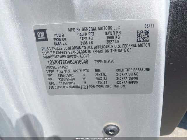 Aukcja sprzedaży 2011 Gmc Acadia Denali, vin: 1GKKVTED4BJ416948, numer aukcji: 45793447